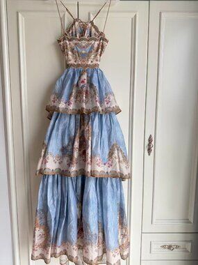 Zimmermann Tiered Maxi Dress Blue Floral Silk Blend Size 1